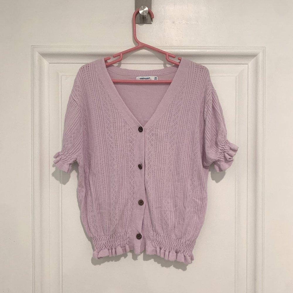 Korean Lavender Cable Knit Button-Down Cardigan Top with Puff Sleeves - Picture 5 of 5